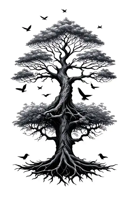 Tree Of Life With Roots With Birds