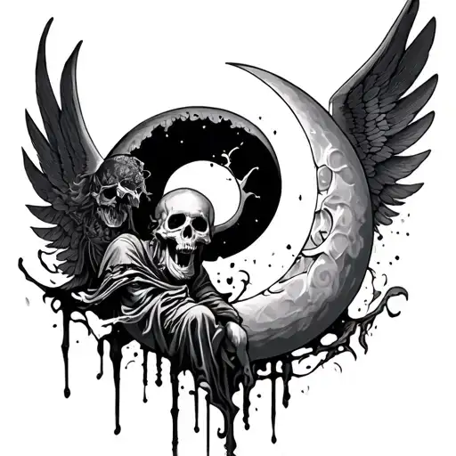 Crescent Moon With Wings Mixed With Death Imagery