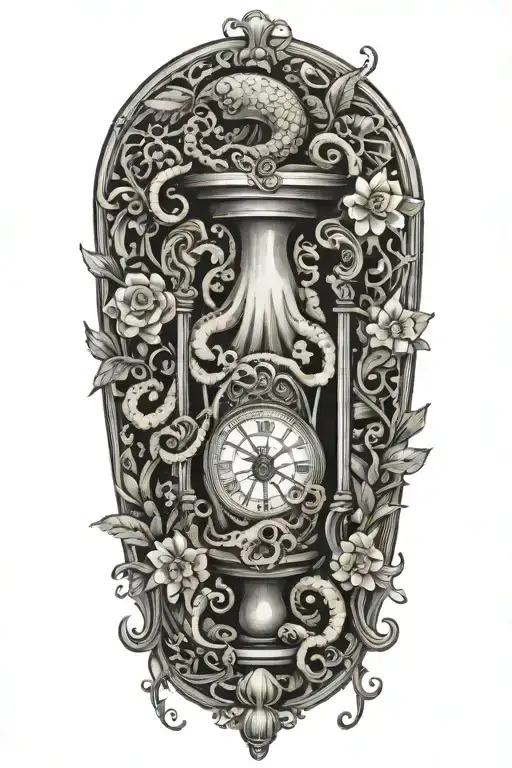 Octopus Trapped In An Hourglass With Leaves And Flowers