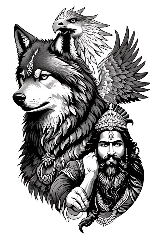 Lone Wolf With Shiv Ji And Hanuman And Chatrapati Shivaji Maharaj With Eagle