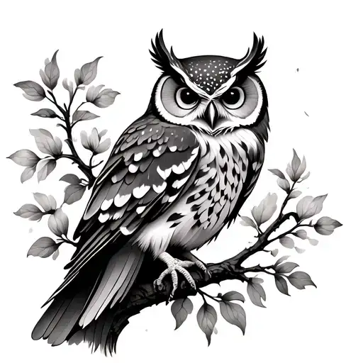 Owl With Sky In Tree And Flowers