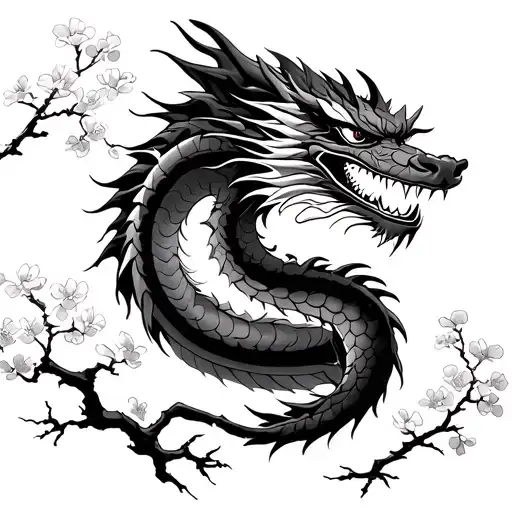 Japanes Dragon With Cherry Blossom Tree And Oni Mask With Lightning