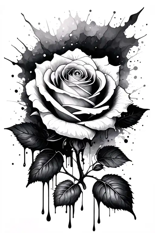 Rose With Ink Splatter And Ink Dripping