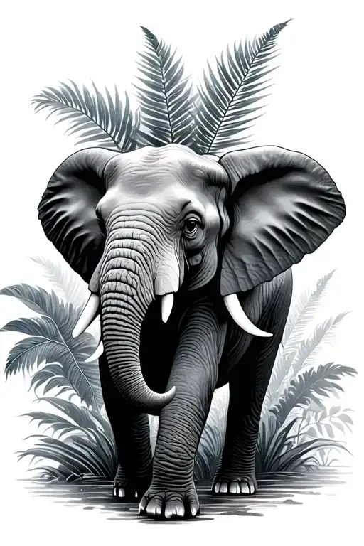 B&w Elephant Walking Thru Tropical Juncle