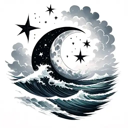 Half Moon Stars And A Ocean Wave Like A Cloud
