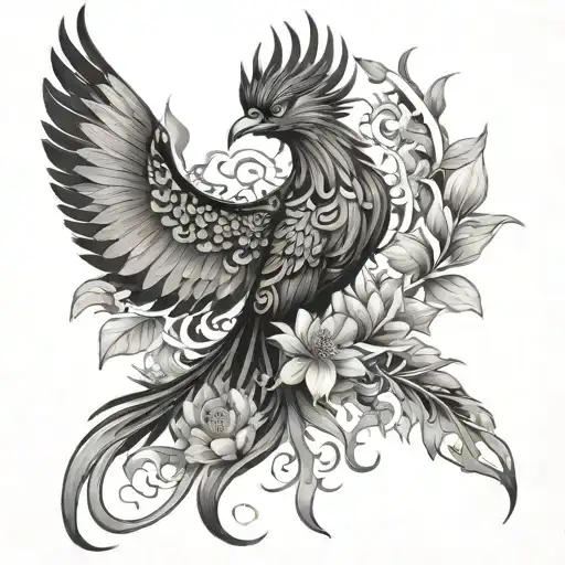 Phoenix Bird With Lilies And Lotus And Butterflies Around It
