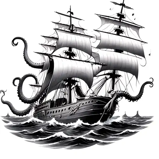 Kraken Attacking A Sailing Ship With King Neptune In The Backgroun Stormy Weather