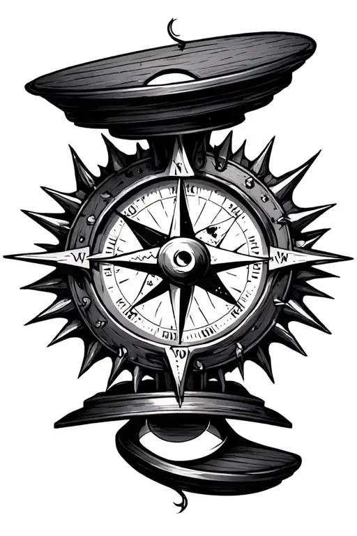 Spiked Compass With An Hourglass And With Moon Phases