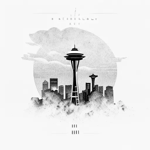 A Sunset Over Seattle Skyline With Musical Notes In The Background