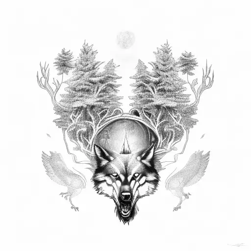 Yggdrasil With Two Wolves And Two Flying Ravens