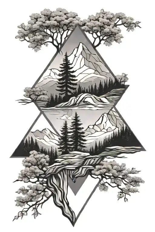 Mountain River Flowing Trees Geometric Detailed