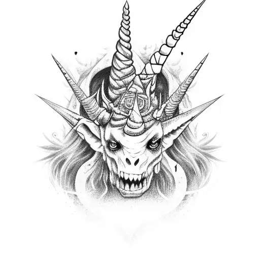 A Black And Grey Tattoo Of A Horror-inspired Design With A Unicorn