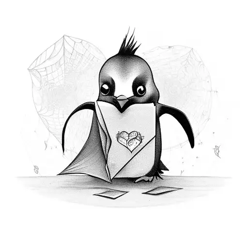 A Tattoo Of A Cute Penguin Writing Love Letters With Spiderwebs In The Background
