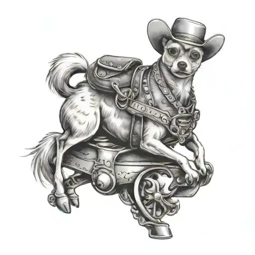 Chihuahua Wearing Cowboy Hat And Boots Riding Tall Labrador Like A Horse
