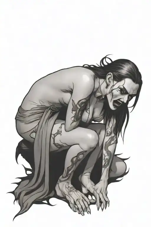 A Sexy Nude Female Vampire On Her Knees Showing Fangs