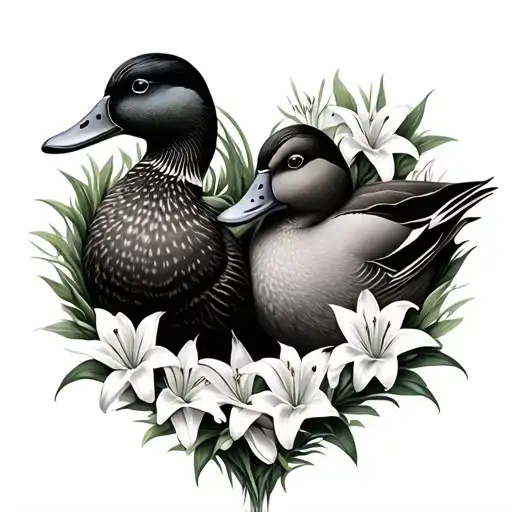 Two Mallard Ducks Cuddling Inside A Wreath Of Lily Flowers In The Shape Of A Heart