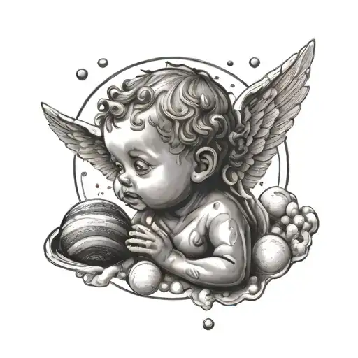 Baby Angel Watching Statue Reaching For Planets Solar System