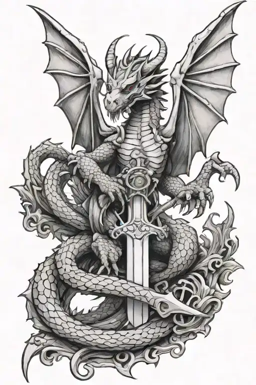 English Dragon With Big Wings Stay On Templar Sword