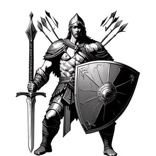 Spartan Warrior Holding Sword And Shield With Arrows In It