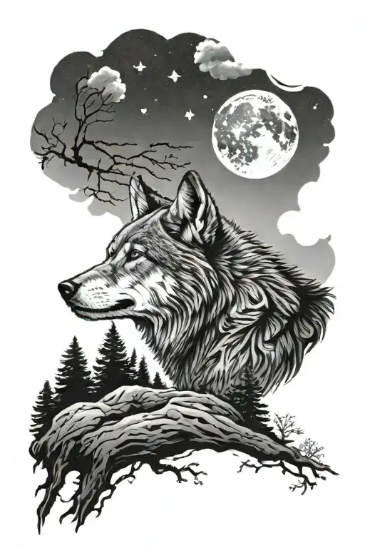 A Detailed Black And Grey Tattoo Of A Wolf Howling At The Moon In A Serene Forest Setting