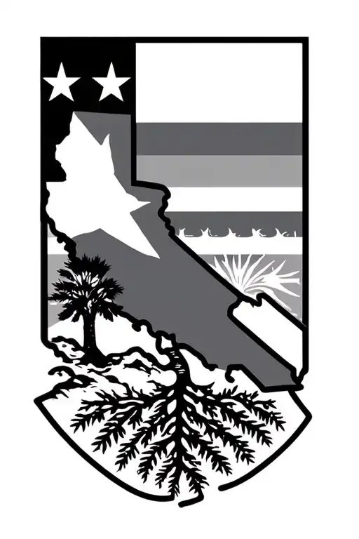 California Outline With Flag Inside And Roots On The Bottom