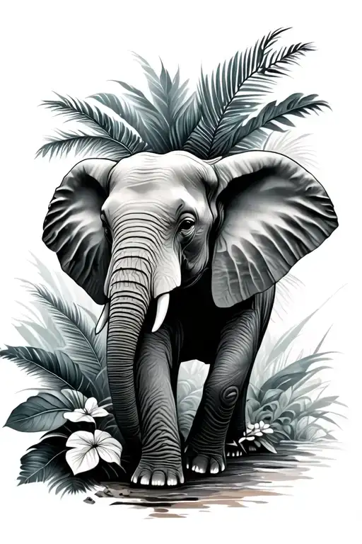 B&w Elephant Walking Thru Tropical Juncle Calf Tatoo
