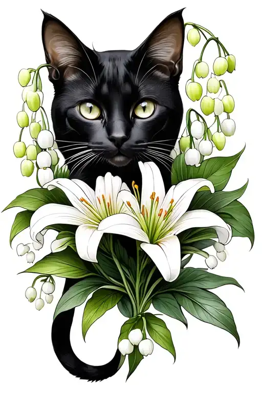 Black Female Cat With Lily Of The Valley Flower