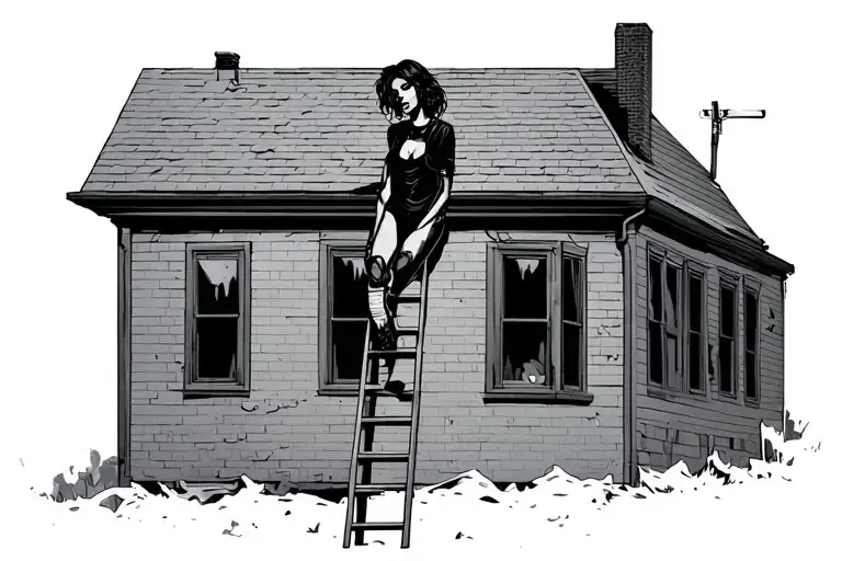 Female On Roof With Ladder