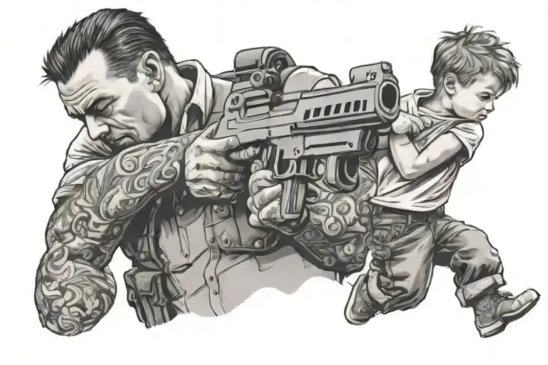 Father Protecting His Little Son With A Gun