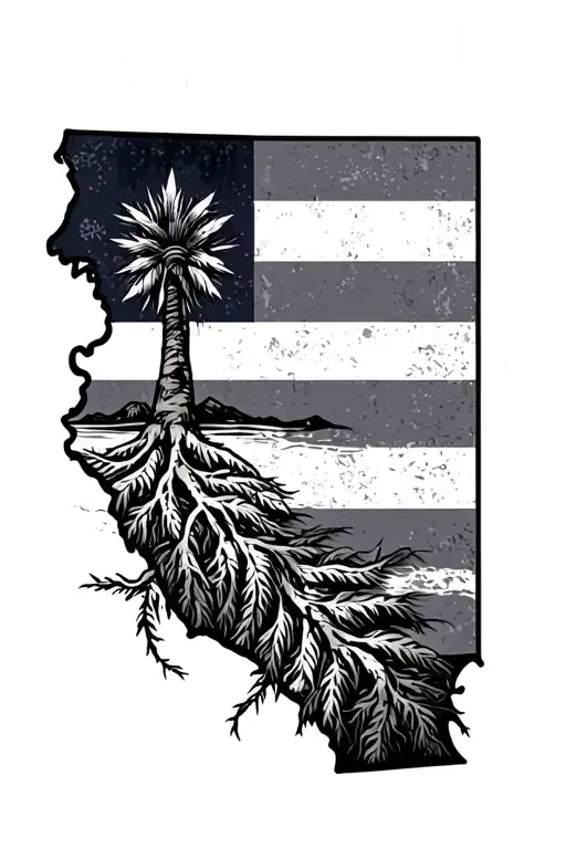 California Outline With Flag Inside And Roots On The Bottom