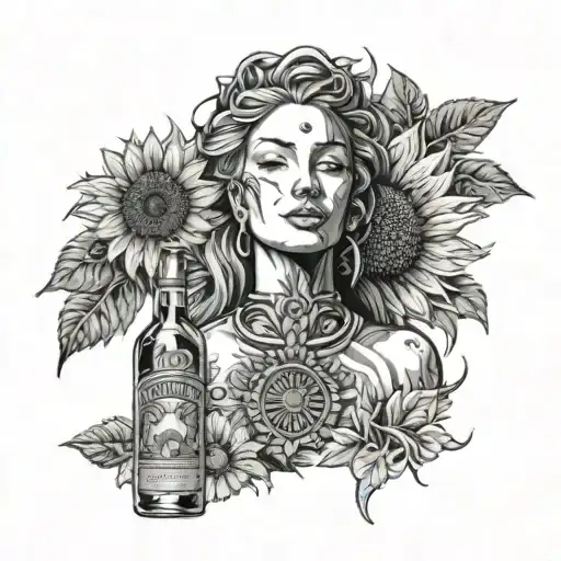 The Goddess Nemesis Portrait Centered In Front Of A Sunflower With A Jose Cuervo Bottle As A Vace