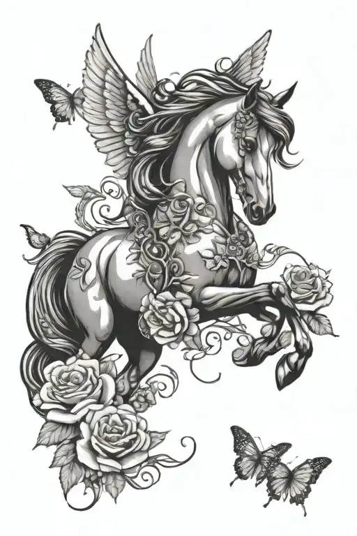 Horse With Wings With Butterflies And Roses