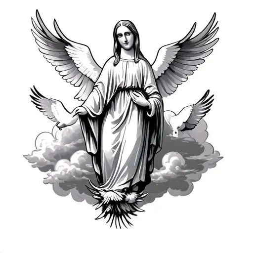 Virgin Mary With Doves And Cloud Background