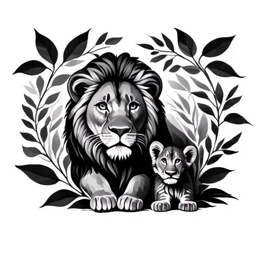 Lion And Cub Surrounded By Shadowed Leaves Intertwined