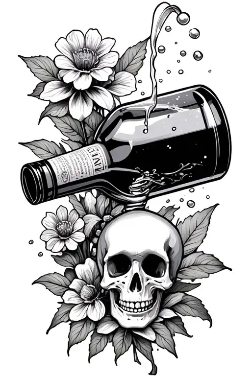Fine Line Skeleton Pouring Out Alcohol Bottle On Growing Flowers