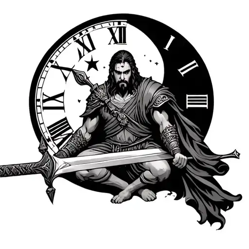 Warrior Holding A Sword On His Knees With The Moon On The Back With Clock Representing Time