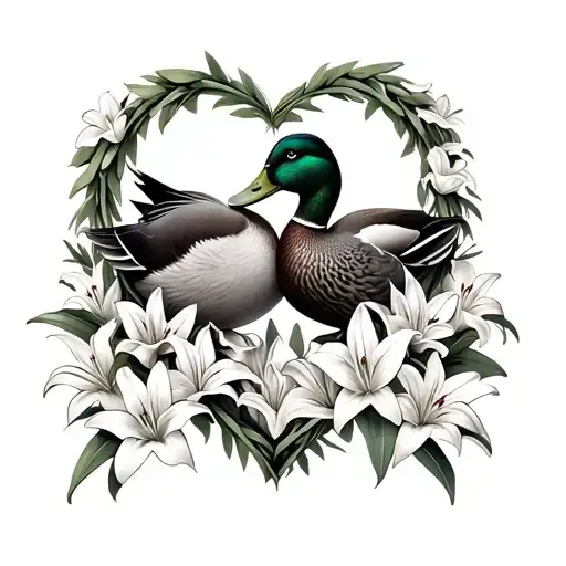 Two Mallard Ducks Cuddling Inside A Wreath Of Lily Flowers In The Shape Of A Heart