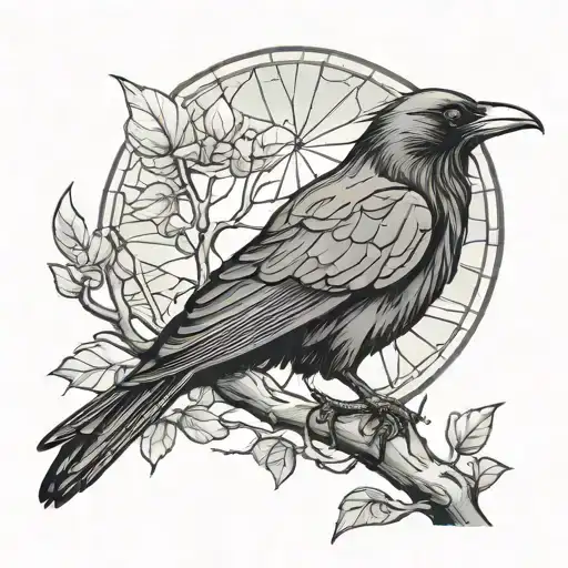 Raven On An Aspen Tree Branch With A Stained Glass Design Background