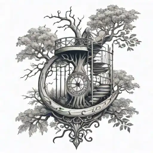 A Tree Of Life A Spiral Staircase A Compass A Cracked Or Broken Hourglass