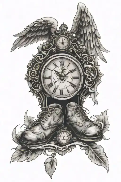 Baby Foot Print With Angel Wings And A Hallow With A Cross And A Broken Clock Below It