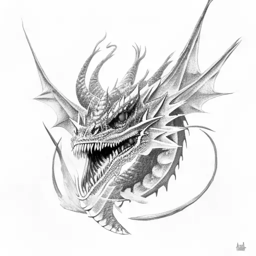 A Menacing Dragon With Fiery Red Eyes And Intricate Black And Grey Scales
