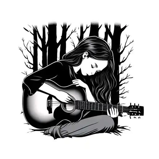 Girl Asleep With Guitar In Woods