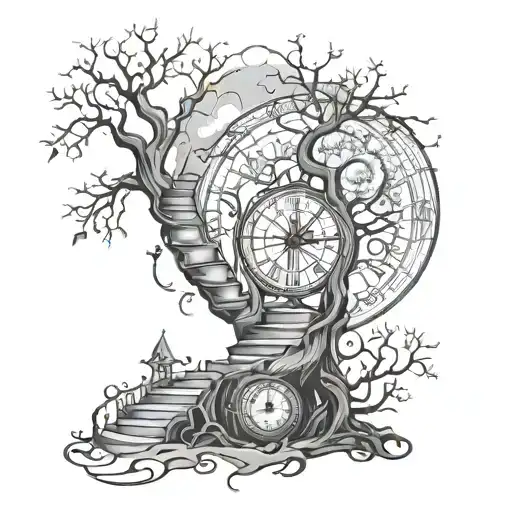 A Tree Of Life A Spiral Staircase A Compass A Cracked Or Broken Hourglass
