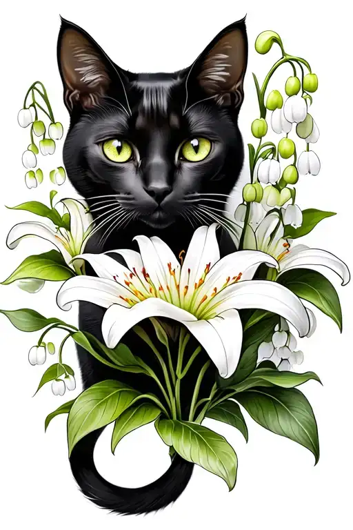 Black Female Cat With Lily Of The Valley Flower