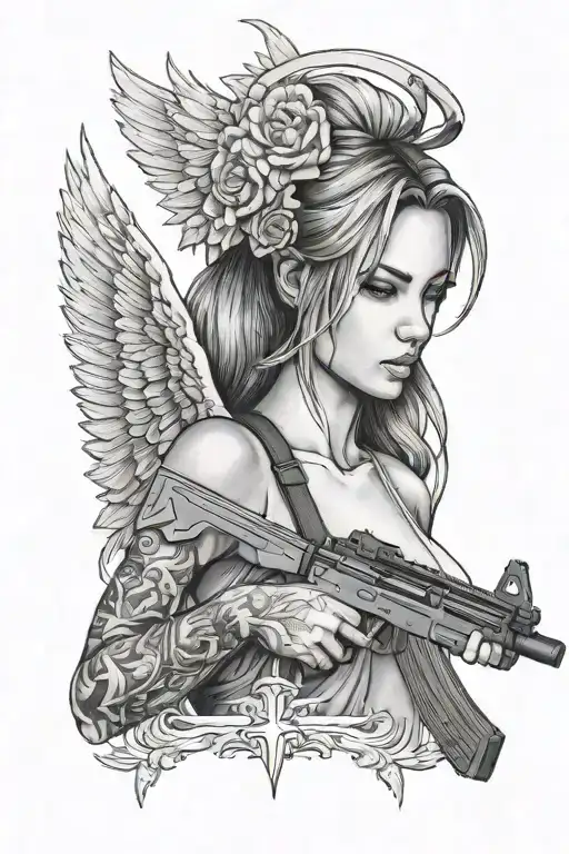 Female Angel Holding Ak47 Up Close On Forearm