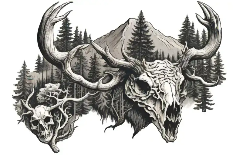 Bear And Elk Skull With Trees