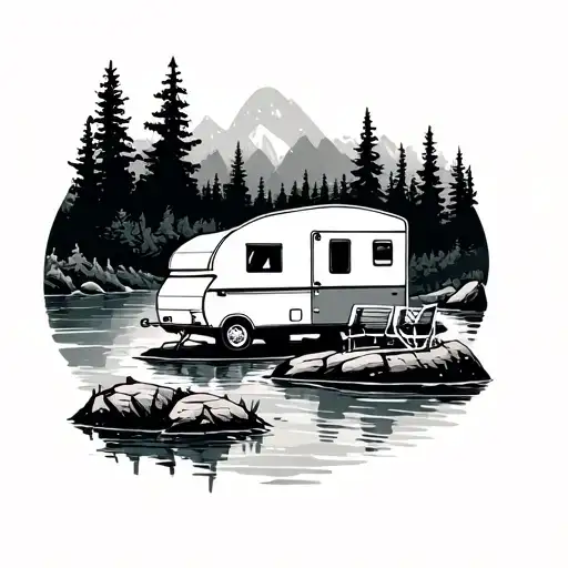 Camping Scene With Popup Caravan Near River