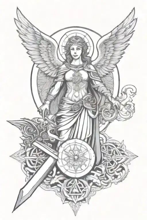 Sacred Geometry With Religious Angel Holding A Sword
