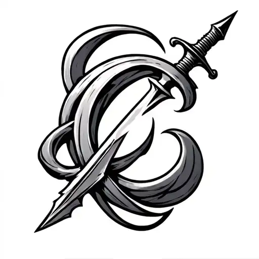 Intricate Cursive C Wrapped Around A Small Dagger
