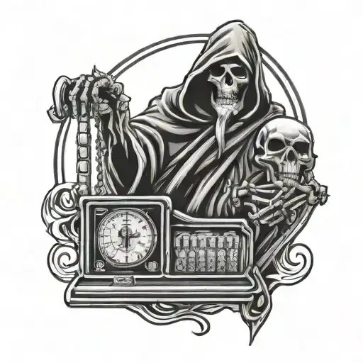 Grim Reaper Holding A Slot Machine With Skulls Instead Of Numbers